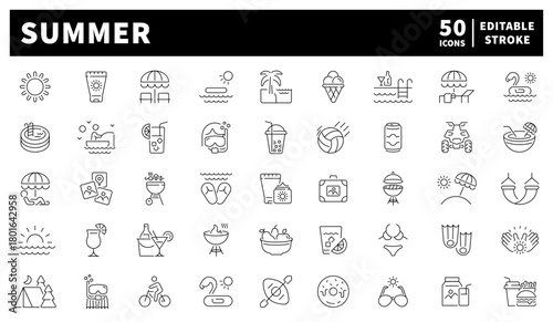 Summer editable line icons set. outline, flat, vacation and beach symbols