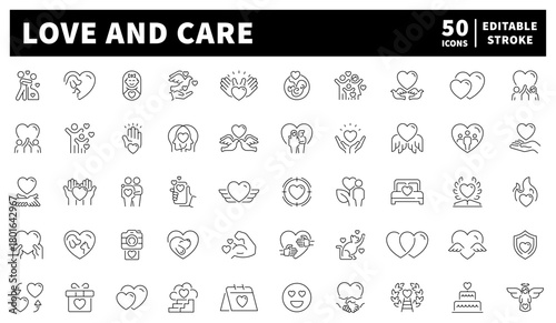Love and care icons set. line, editable line icons for compassion and support
