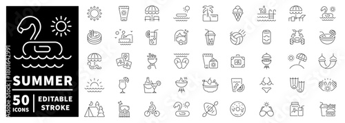 Summer and pool icons set. line, editable line icons, beach, vacation symbols