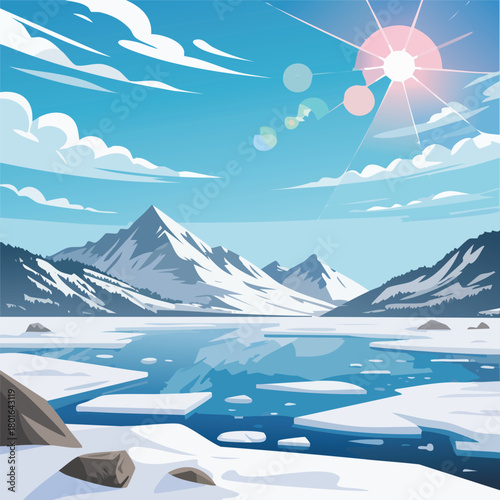A stunning vector illustration of a frozen arctic landscape with snow-covered mountains, a glacial lake, and a bright winter sun