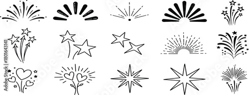Collection of vintage black and white decorative ornamental flourishes and starburst elements for design