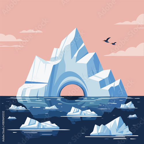 Vast frozen landscape with large iceberg in ocean and smaller ice floes under a pink sky with birds flying