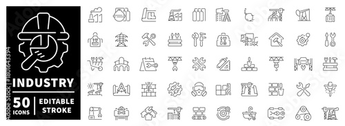 Industry icons set. editable line icons, linear, outline, machinery and tools
