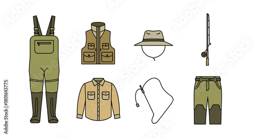 A collection of essential fishing gear and apparel, including waders, vest, hat, rod, shirt, net, and pants, depicted as line art.