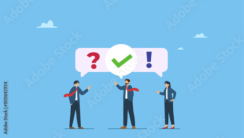 Business people asking question and answer to solve problem. FAQ, question and answer, solution to solve problem, business advice or help and support service, communication or team brainstorm.