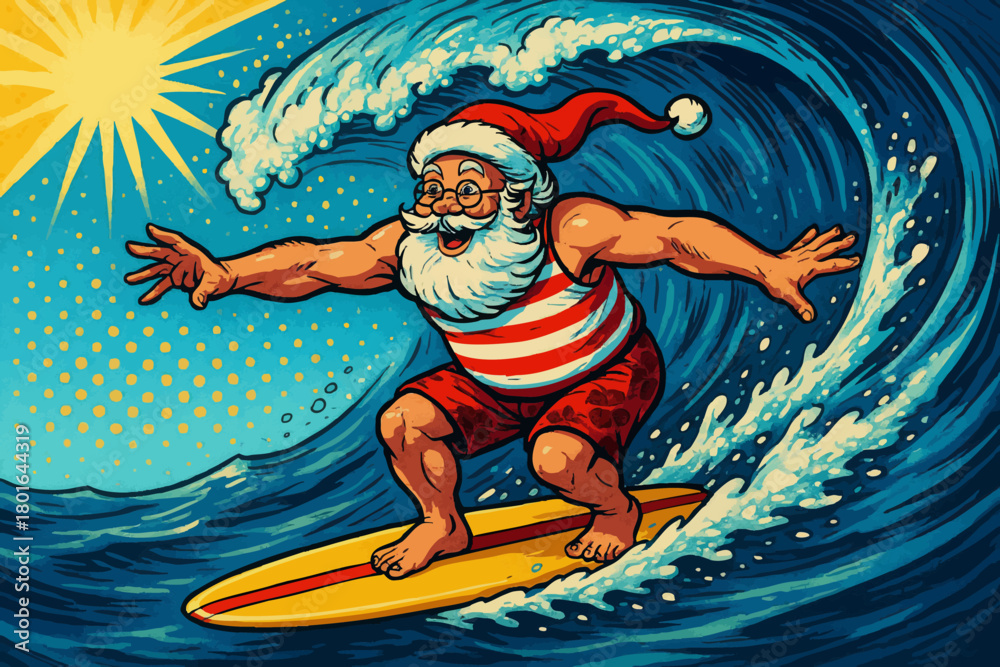 Obraz premium Santa Claus riding a big wave on a yellow surfboard, wearing beach clothes and a Santa hat under the sun. Generative ai vector colorful pop art illustration.