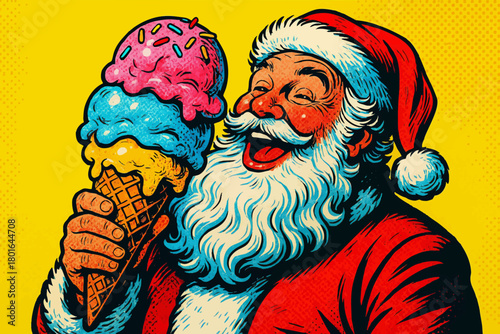 Santa Claus gleefully holding a triple-scoop ice cream cone, blending holiday cheer with summer vibes. Generative ai vector colorful pop art illustration.