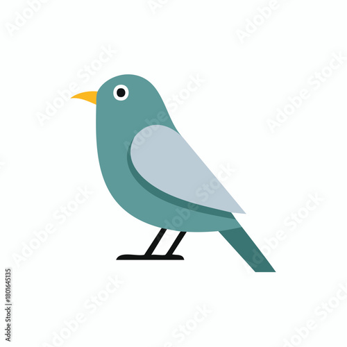 Minimalist graphic illustration of a stylized teal bird with a yellow beak and light blue wing accent