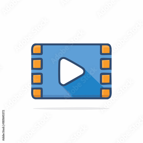 Blue hand drawn film strip icon with white play button and orange sprocket holes casting a long shadow