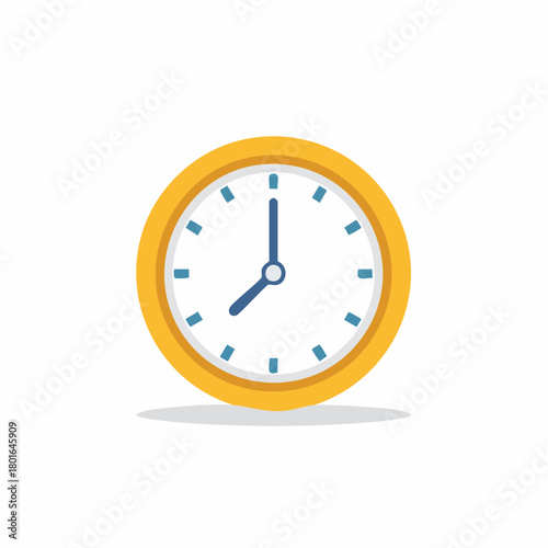 Yellow analog wall clock displaying eight o'clock with blue hour markers in a simple flat design style.