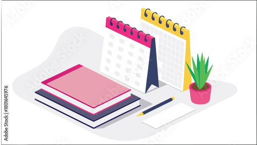 Modern isometric desk setup featuring a laptop notebooks and a wall calendar perfect for creative workspaces and productivity themes