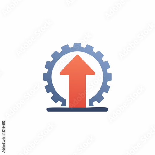 Gear icon with upward arrow symbolizing business growth, process improvement, and technological advancement