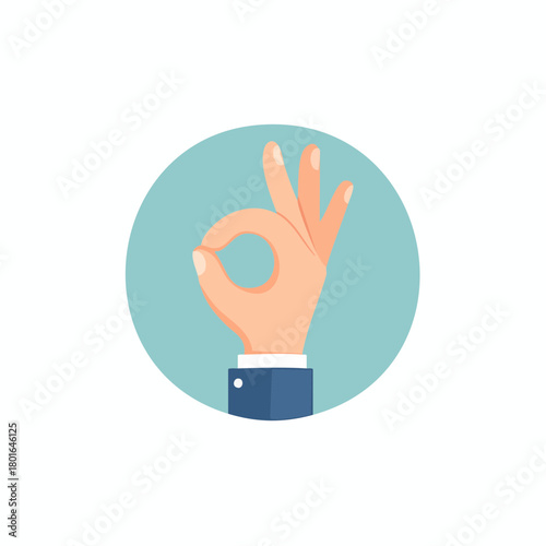 Hand showing ok gesture inside a blue circle representing approval and success