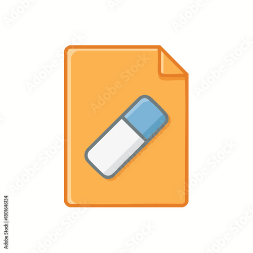 Cartoon illustration of a paper document with a built-in eraser for delete action