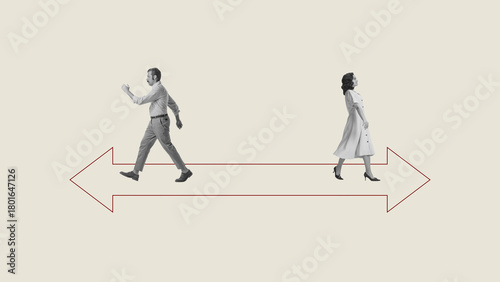 Minimal poster of man and woman walking apart on opposite directional arrows. Concept of separation, distance, conflict resolution, relationship boundaries, editorial design.