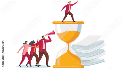 Dynamic illustration of a manager leading and directing a diverse team of members from an elevated viewpoint symbolizing leadership and collaboration in a business setting