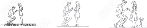 In a continuous single-line illustration, a marriage proposal is shown, highlighting the love and commitment of the couple