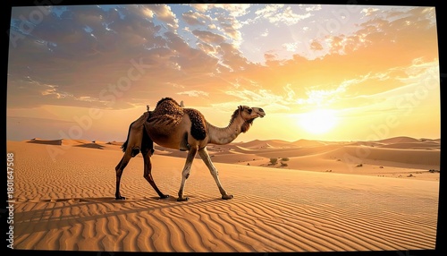 Fototapeta Naklejka Na Ścianę i Meble -  A lone camel walks across rippled sand dunes in the desert as the sun sets, casting a warm glow and dramatic clouds across the sky.