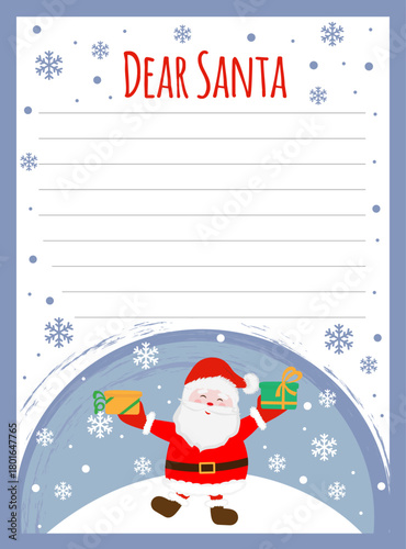 New Year letter to Santa Claus, wish list.  Cute Santa Claus with gifts. Holiday new year decoration template.