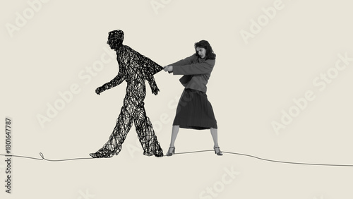 Expressive poster of woman pulling scribble man figure with emotional frustration. Concept of toxic dynamics, dependency, emotional tension, relationship struggle.