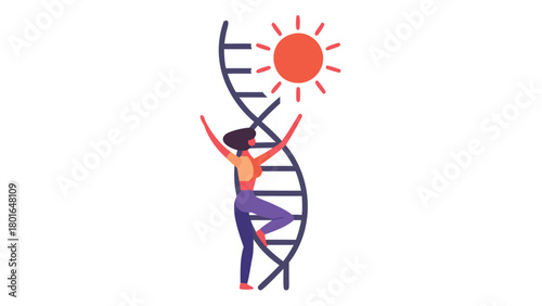 Abstract illustration of a person ascending a dynamic spiraling ladder towards a bright light symbolizing progress achievement and reaching new heights in a modern graphic style