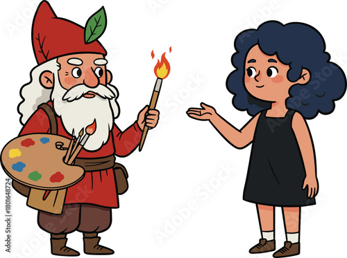 Cartoon gnome artist with magical flaming paintbrush and young girl character, fantasy folklore illustration vector art for creativity, imagination, and storytelling design.