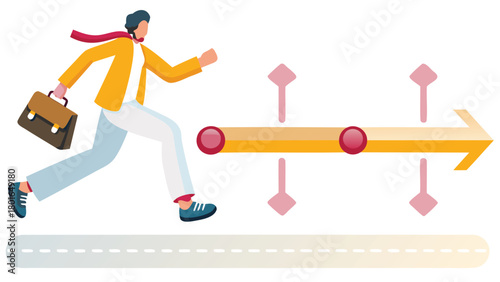 Dynamic illustration of a business person actively running with a briefcase across a visualized timeline symbolizing progress speed and achievement in a professional context