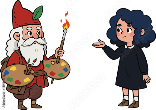 Cartoon gnome artist with magical paintbrush and girl character illustration, fantasy folklore vector art for creativity, storytelling, imagination, and whimsical design.