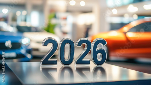 Close-up of chrome dark blue numbers 2026 displayed on glossy surface in blurred car showroom with colorful cars in background. Ideal for automotive, business or finance themes