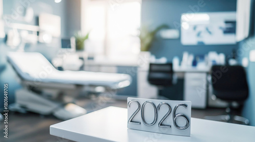 Numbers 2026 displayed on white surface in brightly lit blurred medical examination room or doctor's office. Excellent for healthcare, medical, planning or corporate themes related to the year 2026