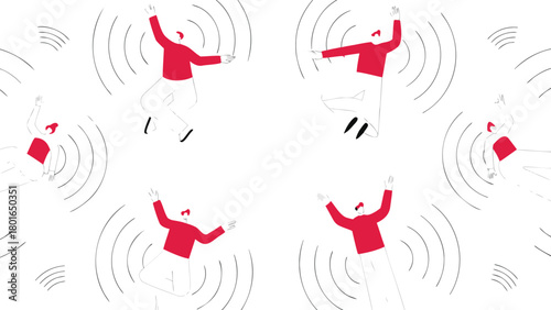 Dynamic red dancers in motion artfully arranged within a swirling circular black line wave creating a sense of energy and fluidity