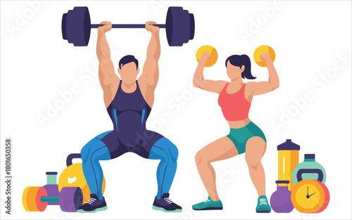 Man and Woman Weightlifting and Squatting with Barbell and Dumbbells Fitness Concept