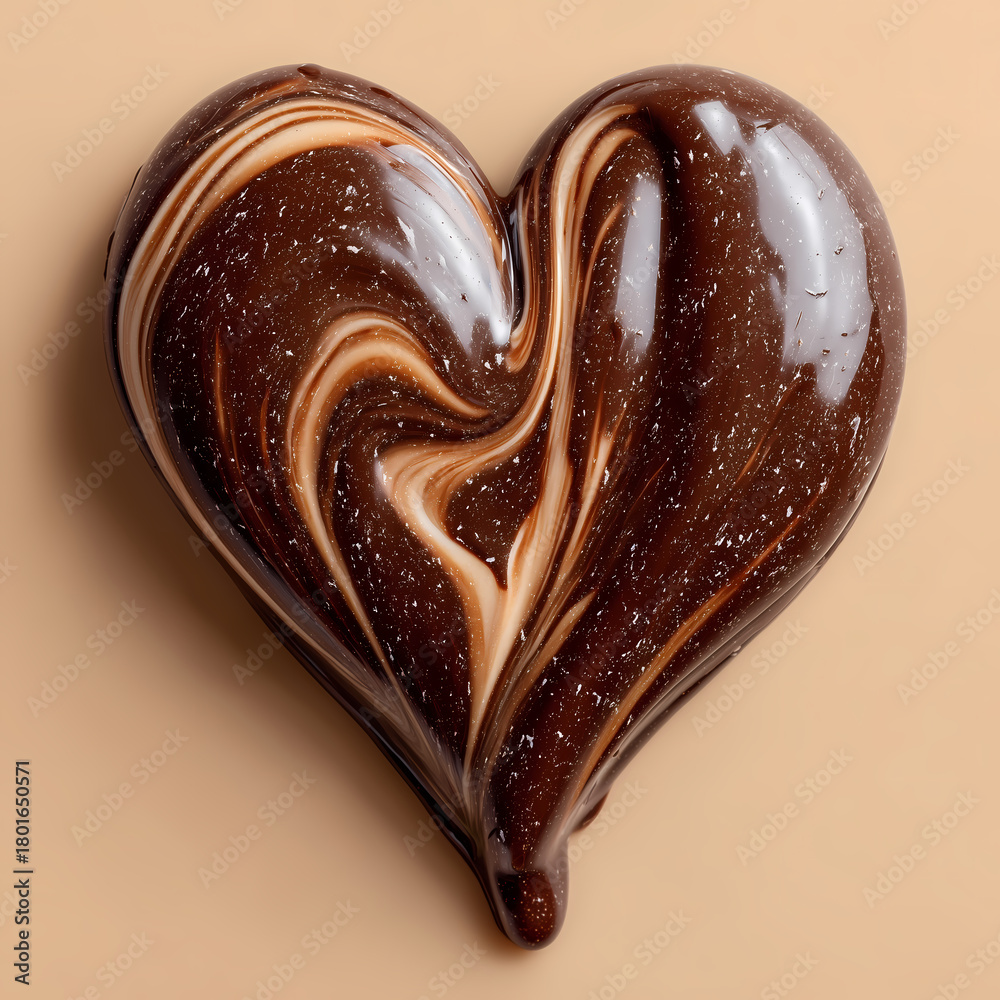 Obraz premium Chocolate heart swirl illustration with glossy texture, sweet dessert love symbol, minimal food art on soft background