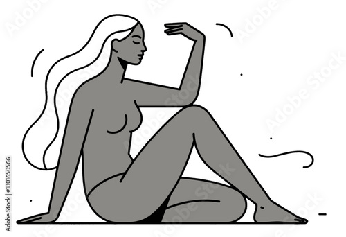 Artistic illustration of a seated nude woman with flowing hair