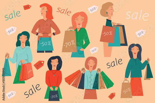 Women holding shopping bags with sale sign -50%, -70%, Vector colorated illustration in flat style