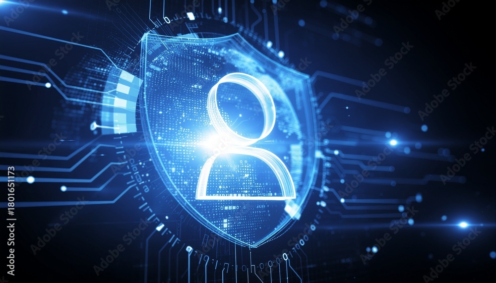 Obraz premium Cybersecurity Shield: Illuminated digital shield encasing a silhouetted figure. The image speaks of robust protection in the realm of virtual security.