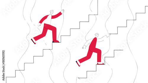 Abstract illustration of stylized red figures ascending a conceptual staircase composed of thin transparent lines suitable for banners and advertisements
