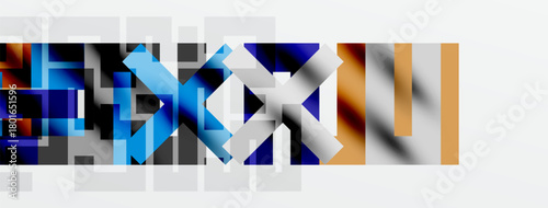Abstract geometric pattern. Blue, orange hues dominate composition. Squares, rectangles create dynamic visual effect. Modern design.