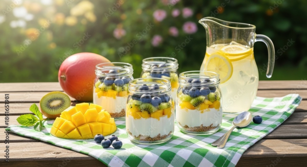 Fototapeta premium Outdoor summer picnic spread featuring layered yogurt and fruit parfaits in glass jars, a whole mango, sliced kiwi, fresh blueberries, and a pitcher of lemonade on a checkered cloth