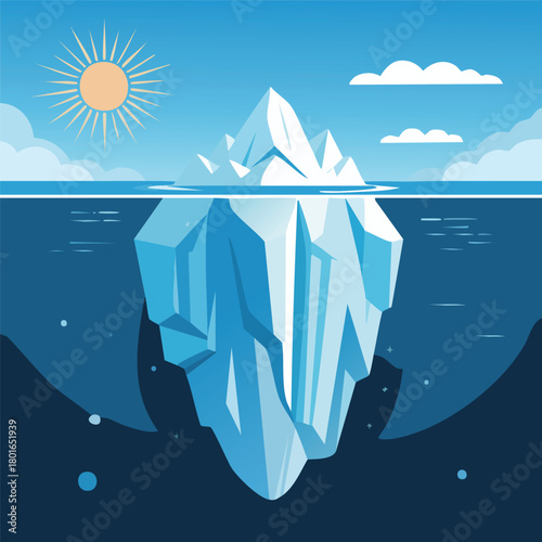 Iceberg illustration showing a small part visible above water and a vast, hidden mass below, symbolizing unseen challenges or deep issues