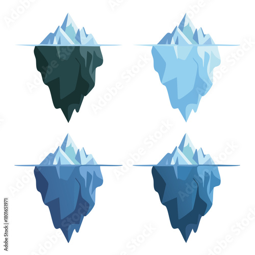 Collection of four distinct vector icebergs, each illustrating the visible tip above the waterline and the vast, hidden mass beneath, representing unseen complexity or underlying issues