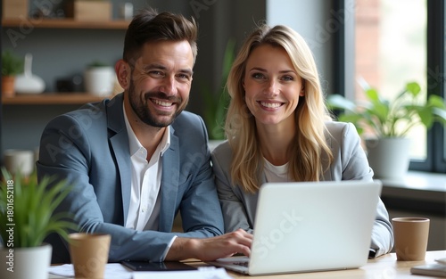 Wallpaper Mural Two middle age business workers smiling happy and confident. Working together with smile on face using laptop at the office. High quality Torontodigital.ca
