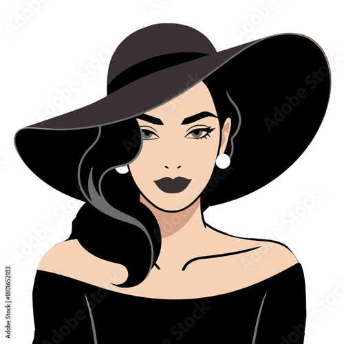 Elegant woman in black hat and red lipstick