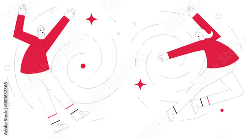 Dynamic illustration of stylized red figures engaged in a fluid circular spiral dance conveying movement unity and celebration
