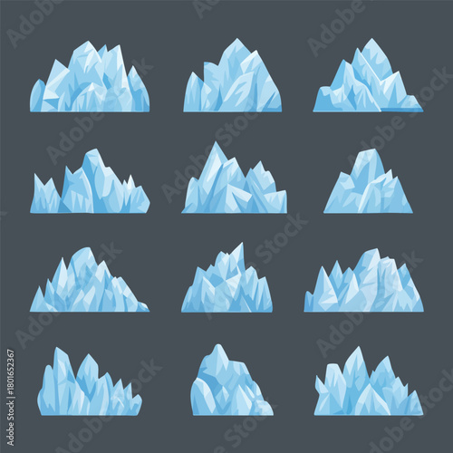 Collection of stylized icebergs with sharp edges and crystalline formations, rendered in a vibrant blue hue against a dark background, evoking a sense of frozen beauty and arctic landscapes