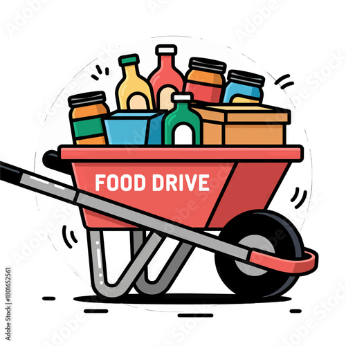 Food Drive Wheelbarrow With Colorful Donations