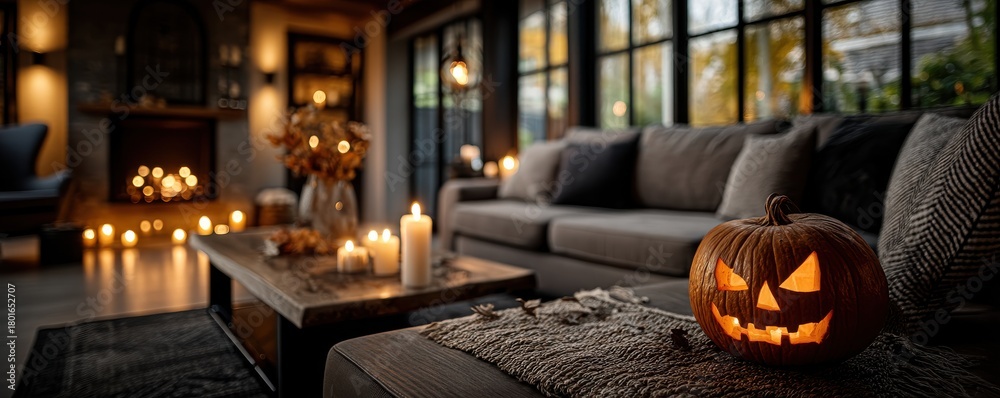 Naklejka premium Cozy living room with warm candlelight and a carved pumpkin on a modern ottoman for autumn evenings