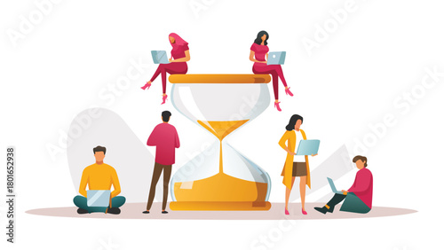 Diverse team of professionals collaborating around a glowing futuristic digital clock symbolizing project management deadlines and modern technology