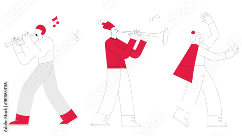 Three stylized red musicians playing instruments with vibrant energy perfect for music events concerts or artistic promotions