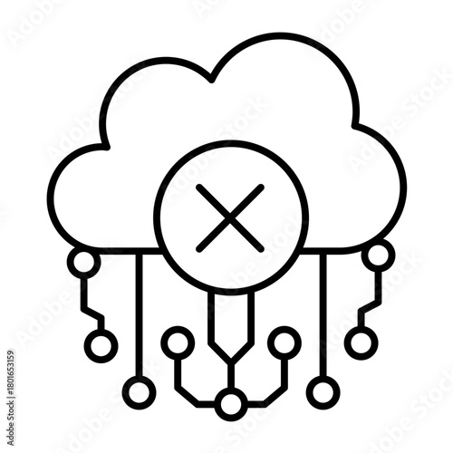 Deny of cloud access thin line icon, data hoarding concept. Vector graphics. Cloud storage connection links forbidden sign on white background, style icon mobile or web design.